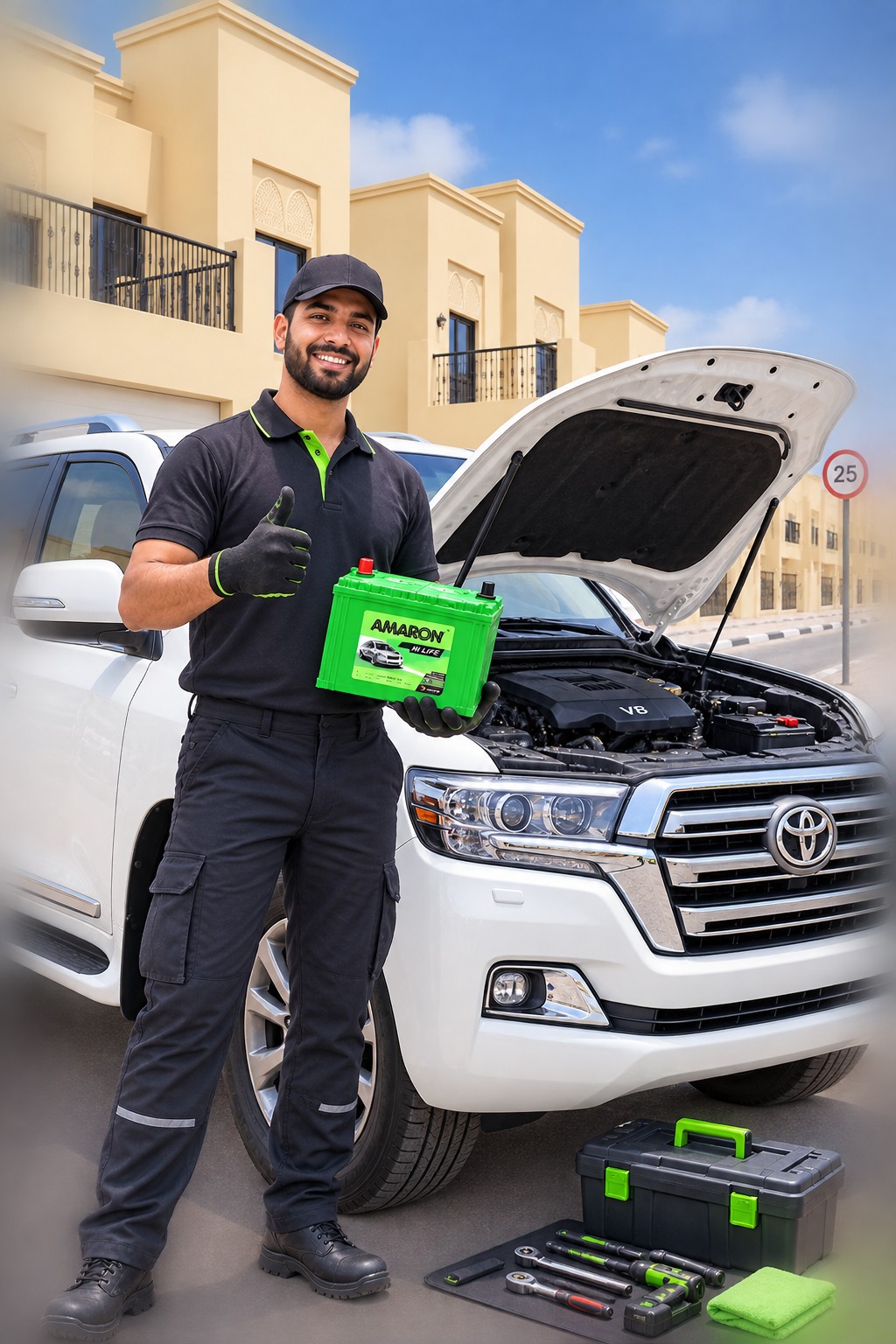 Battery technician holding a new car battery beside an SUV in a Nad Al Sheba villa driveway